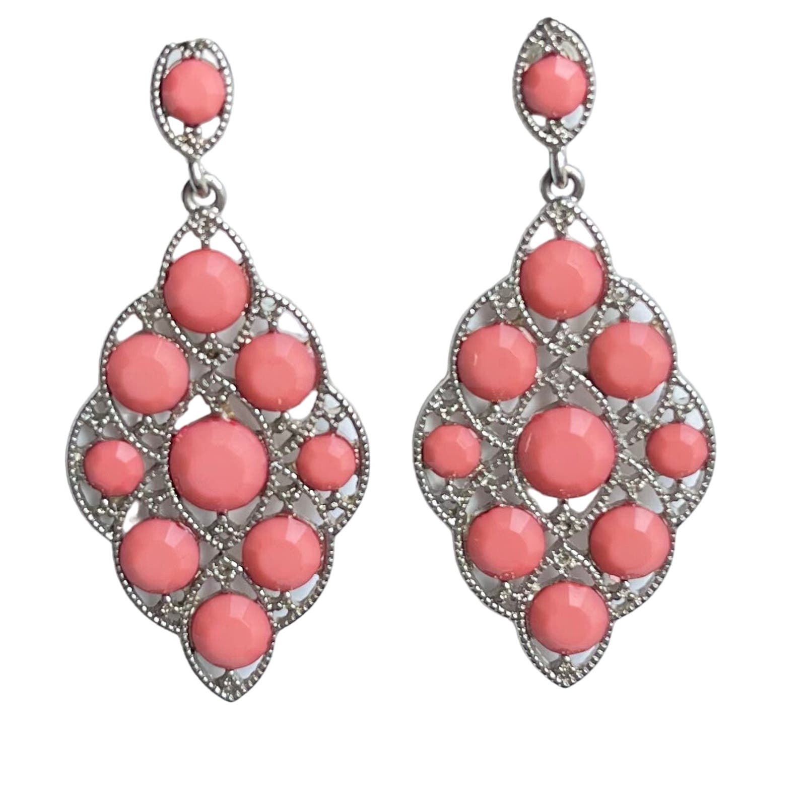 New Boutique Coral Pink & Silver Moroccan Dangle Post Back Earrings